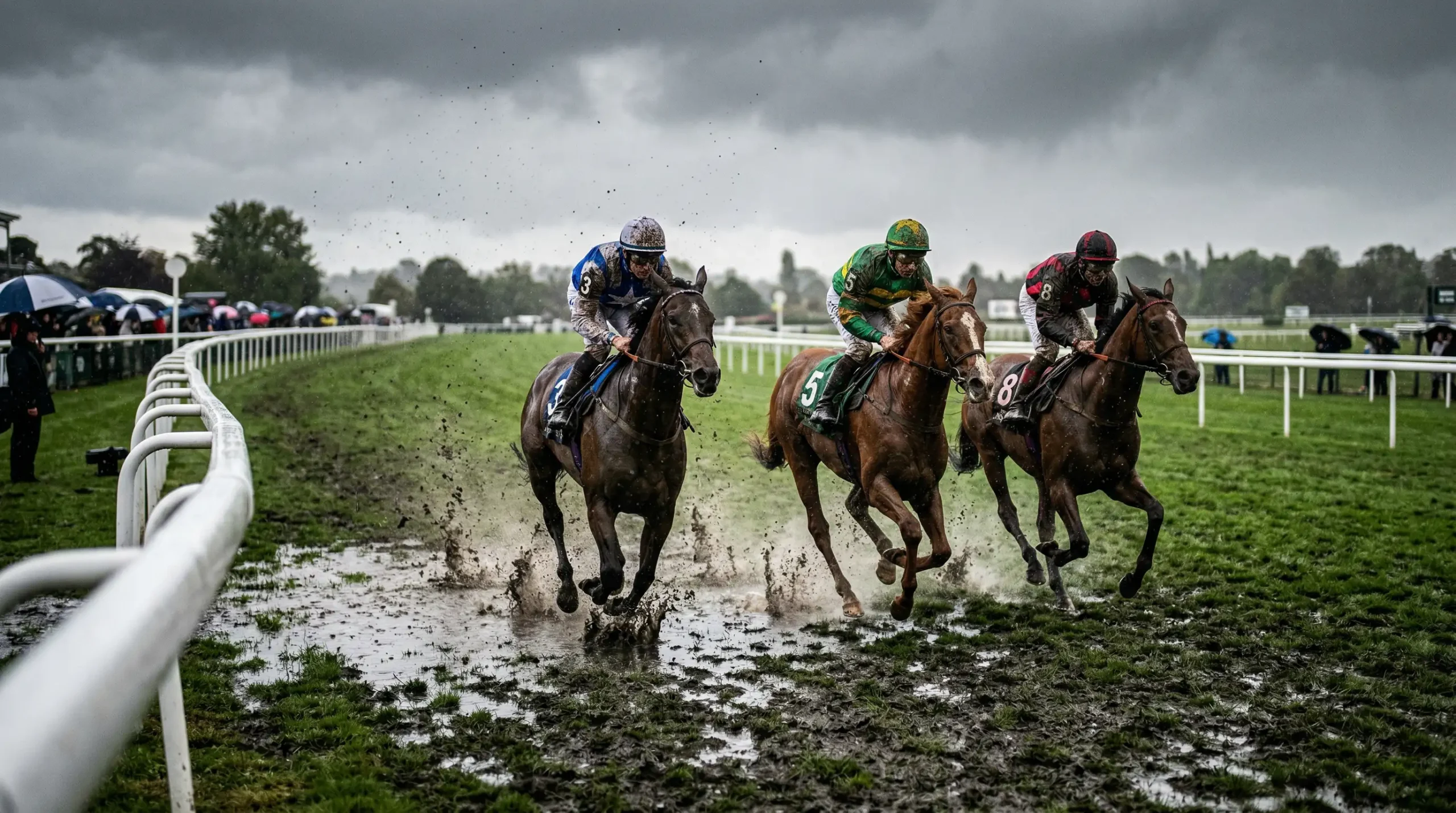 Natte renbaan met paarden die galopperen in de regen