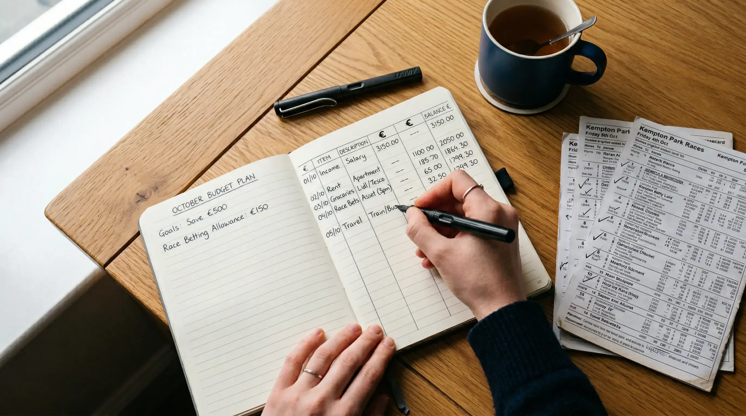 Persoon schrijft een budget in een notitieboek met euroteken