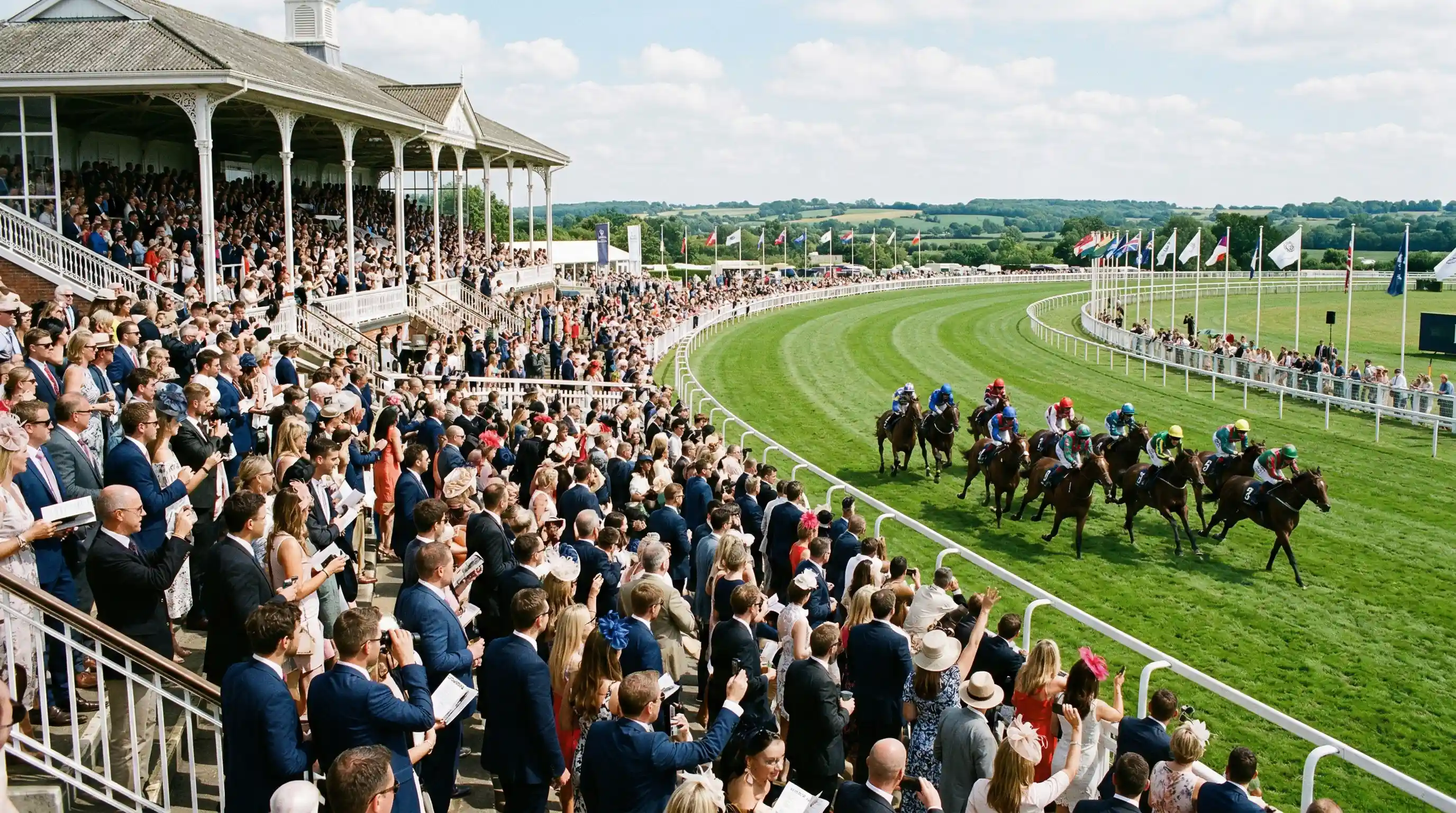Publiek bij een grote internationale paardenrace met volle tribunes en rennende paarden op de baan