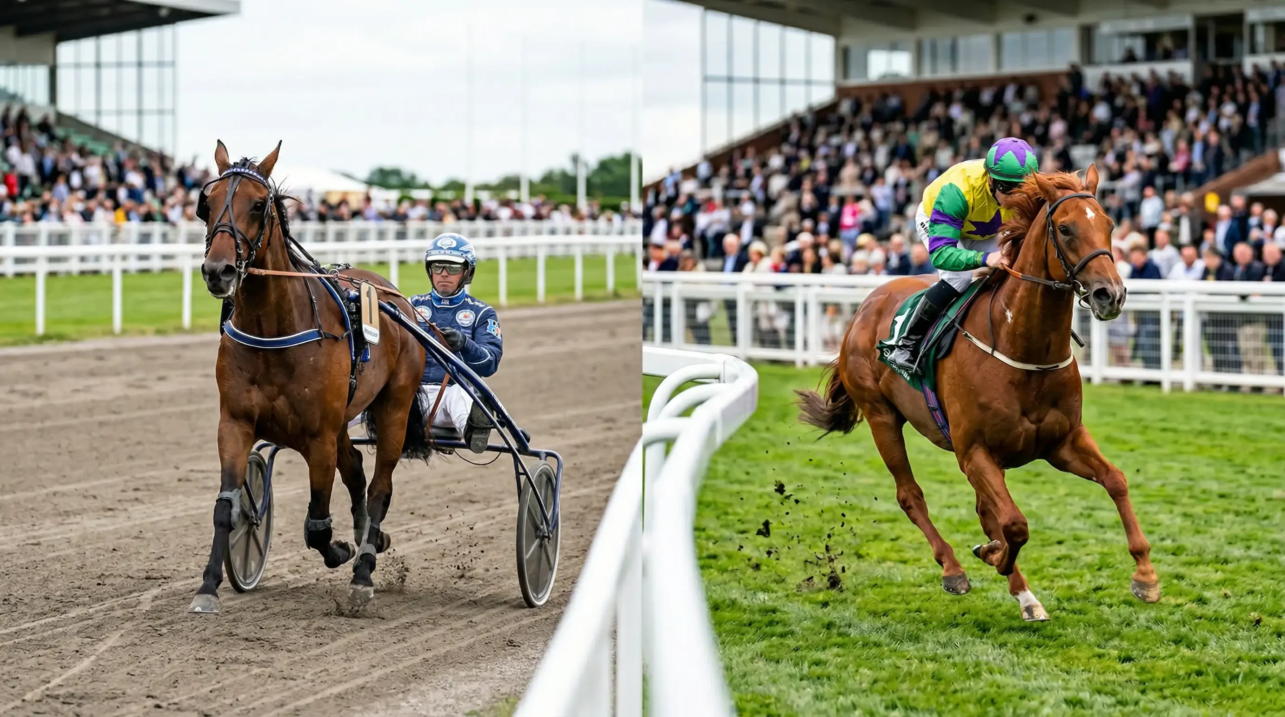 Draverij met sulky naast galoprace met jockey op de renbaan