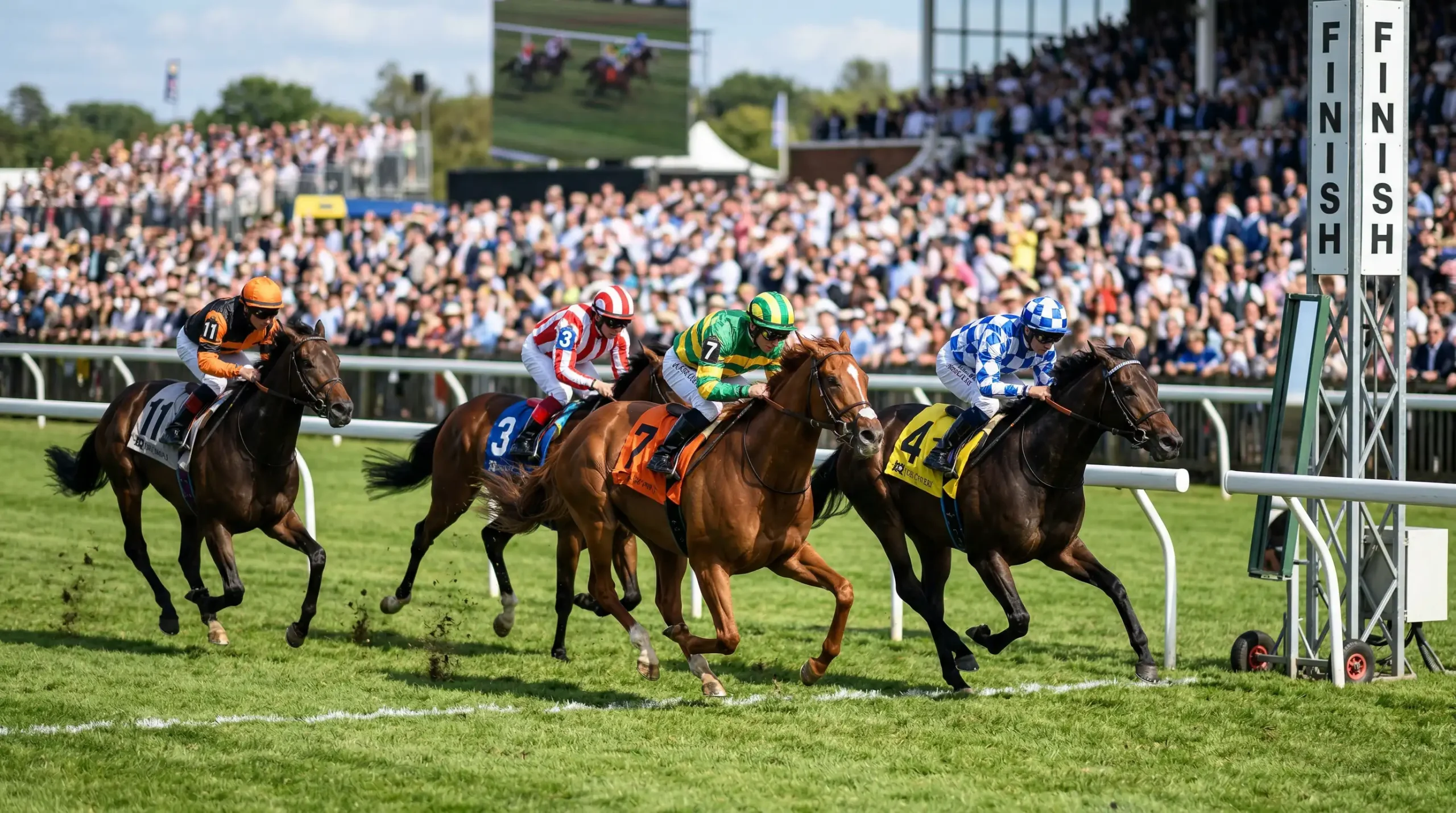 Paardenrace met meerdere paarden naast elkaar op de finish
