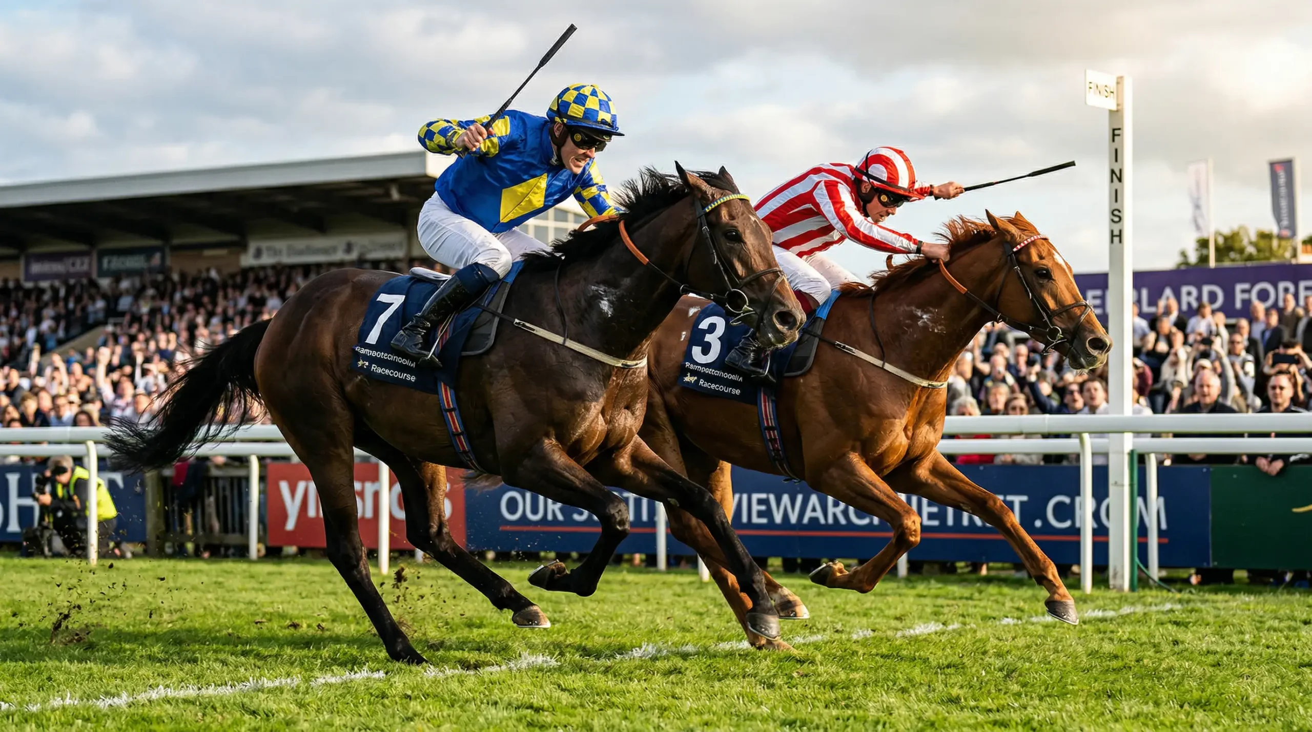 Forecast en exacta weddenschap — fotofinish van paardenrace op grasbaan