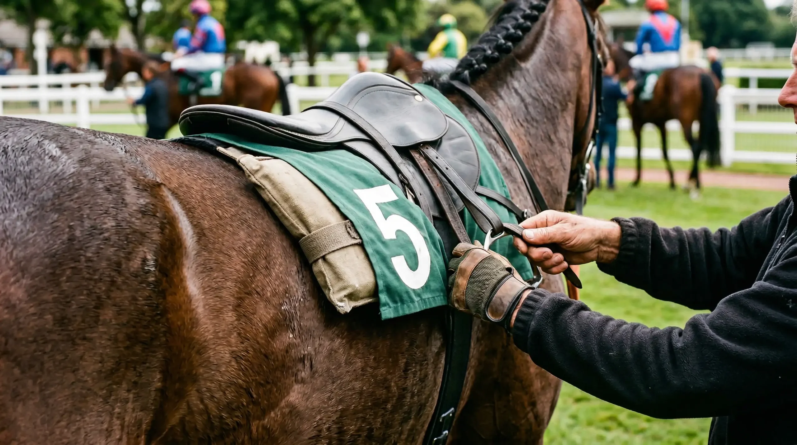 Zadel met loodgewichten voor handicaprace op een paard