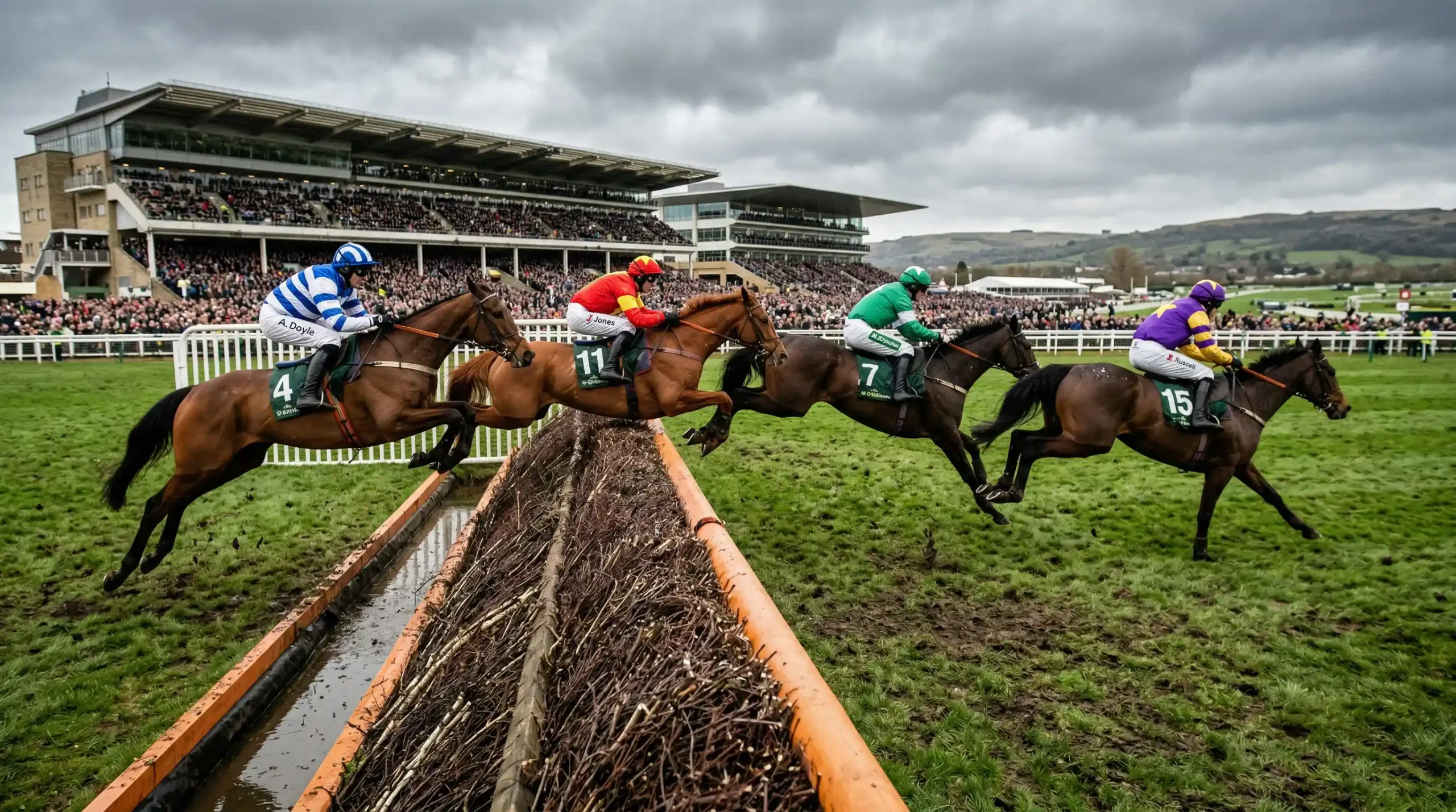 Paarden springen over een hindernis tijdens de Grand National op Aintree