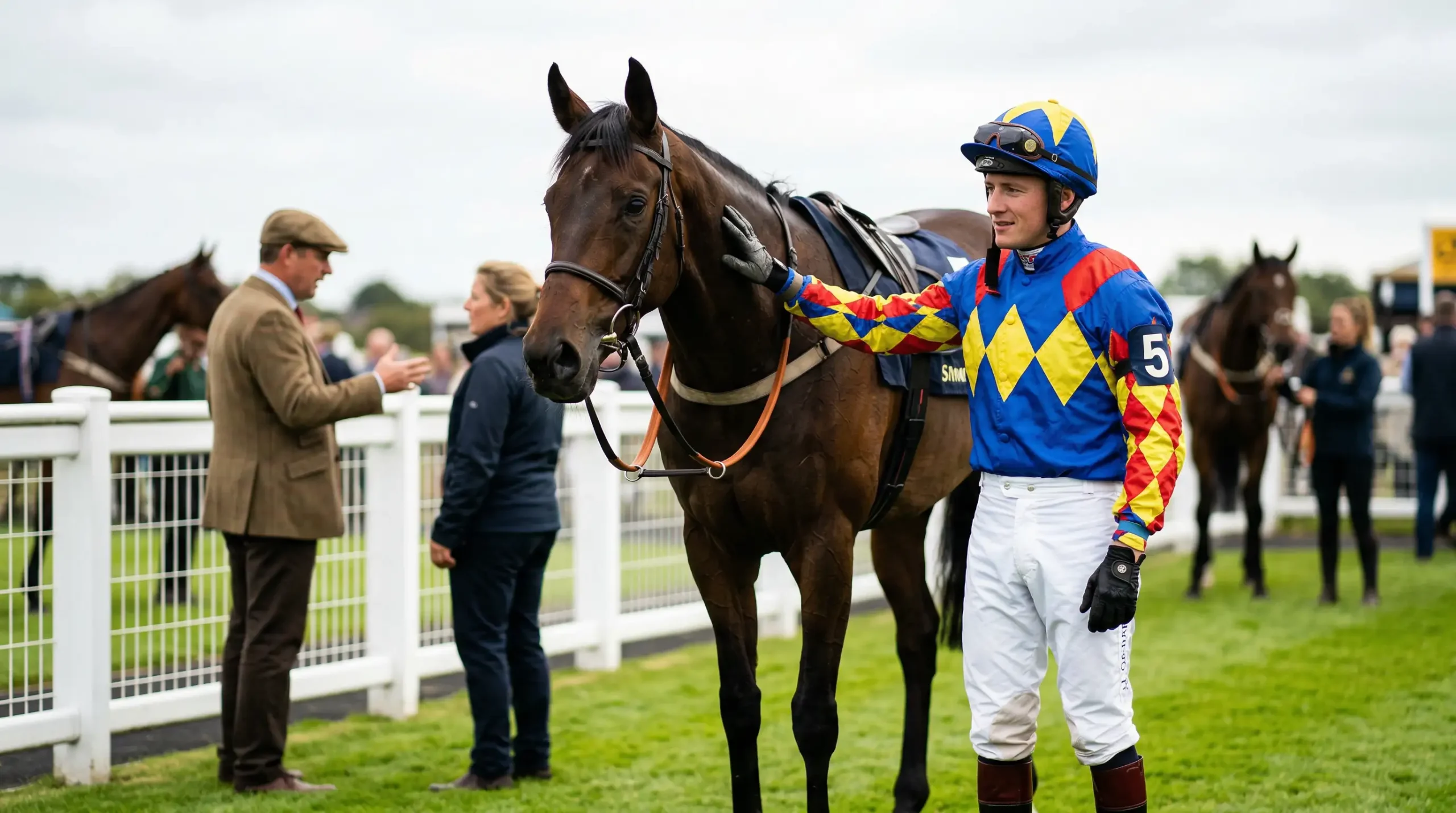 Jockey in kleurrijk racepak op een paard voor de start