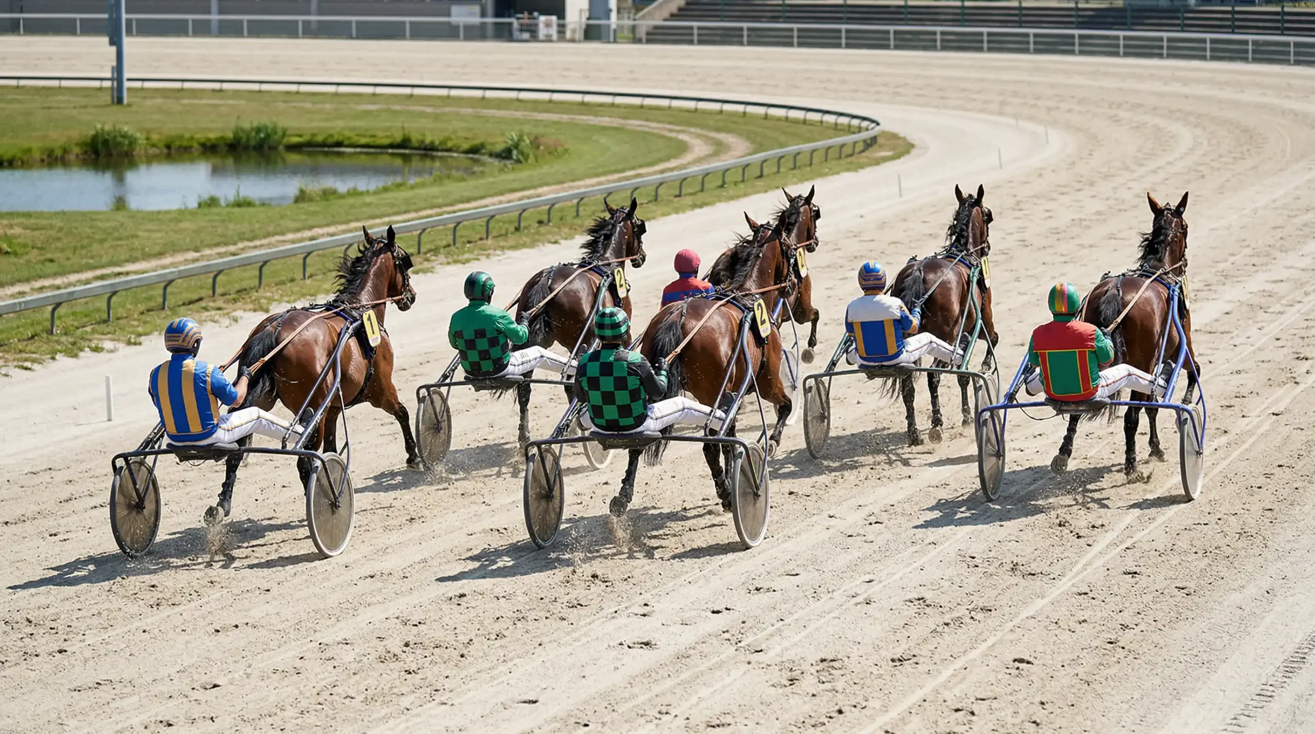 Koppel en trio weddenschap — groep dravers met sulky's op drafbaan