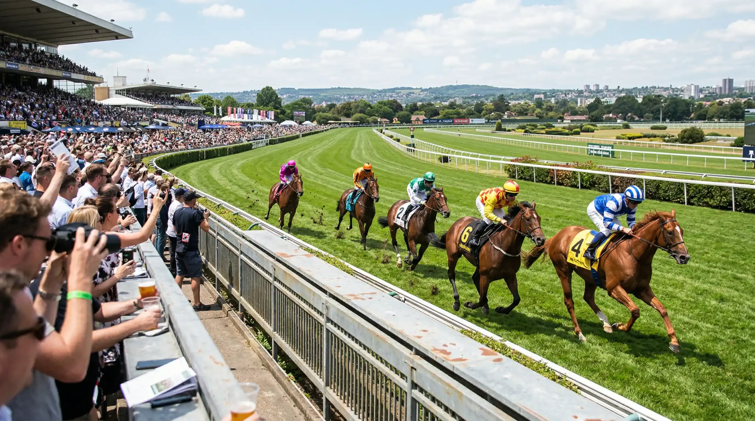 Paardenrace in volle actie op de renbaan vanuit tribune