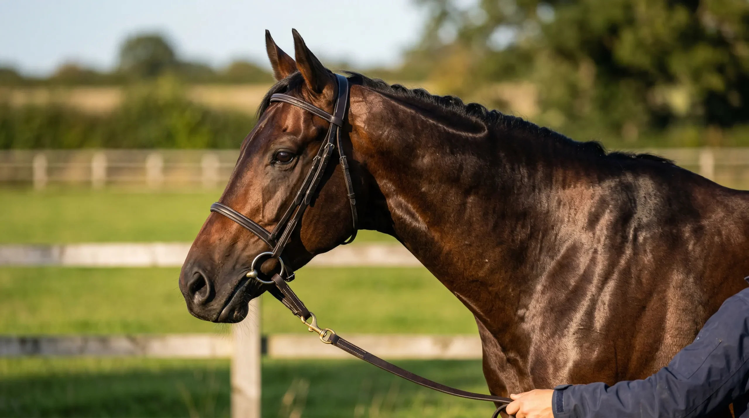 Paardenrassen voor de renbaan — volbloed galoppaard in close-up op grasbaan