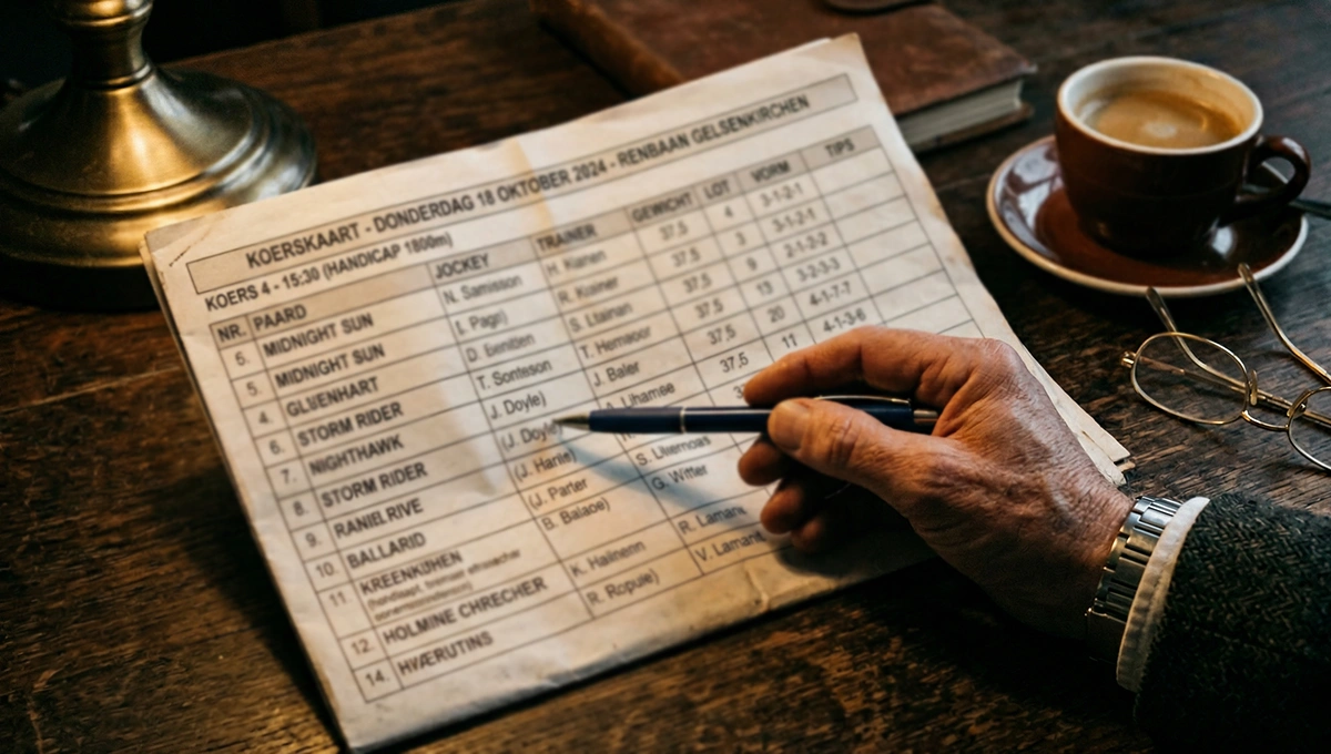 Racecard met vormcijfers, kilometertijden en jockey-informatie voor een paardenrace