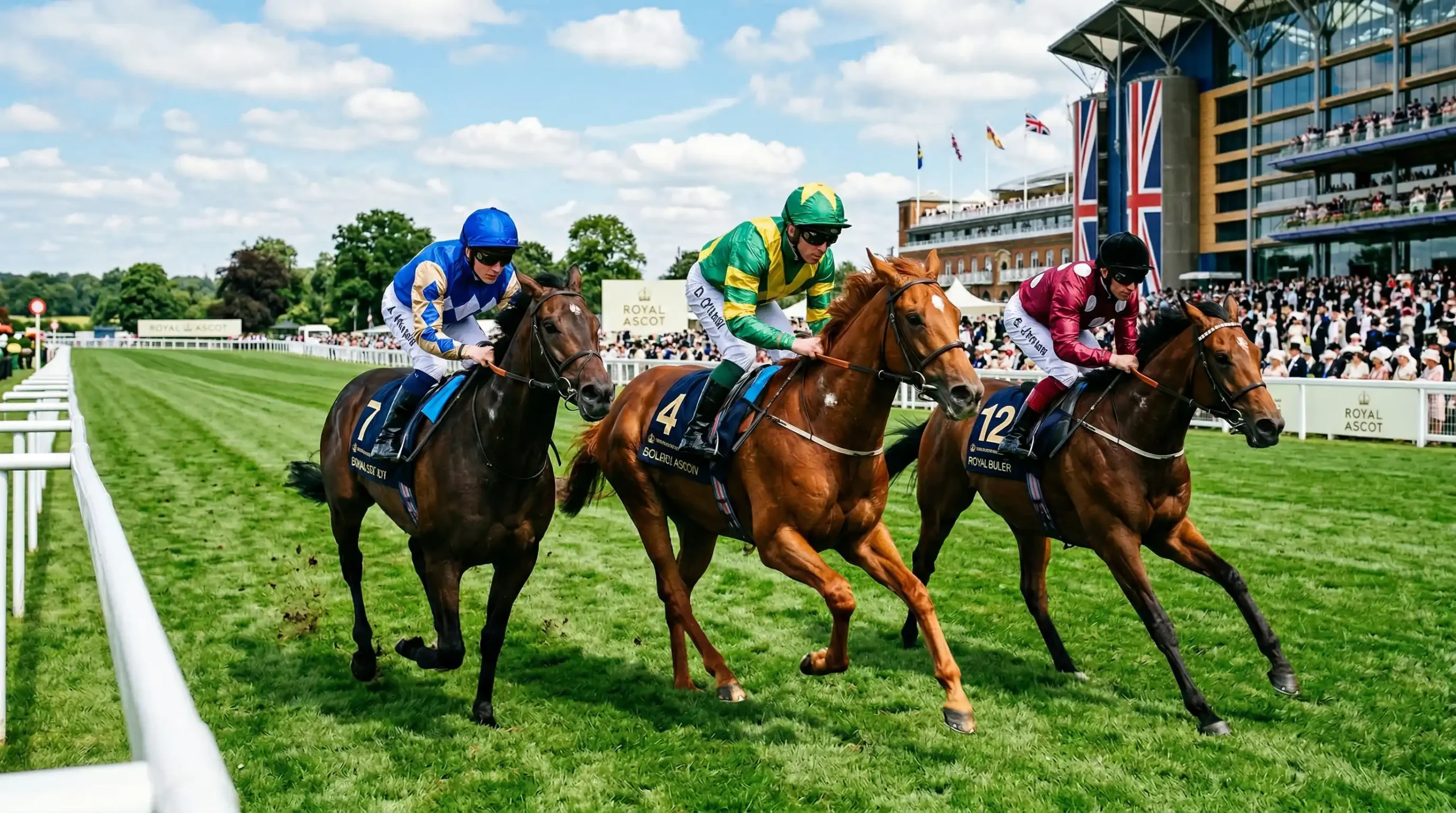Paarden galopperen over de groene baan tijdens Royal Ascot