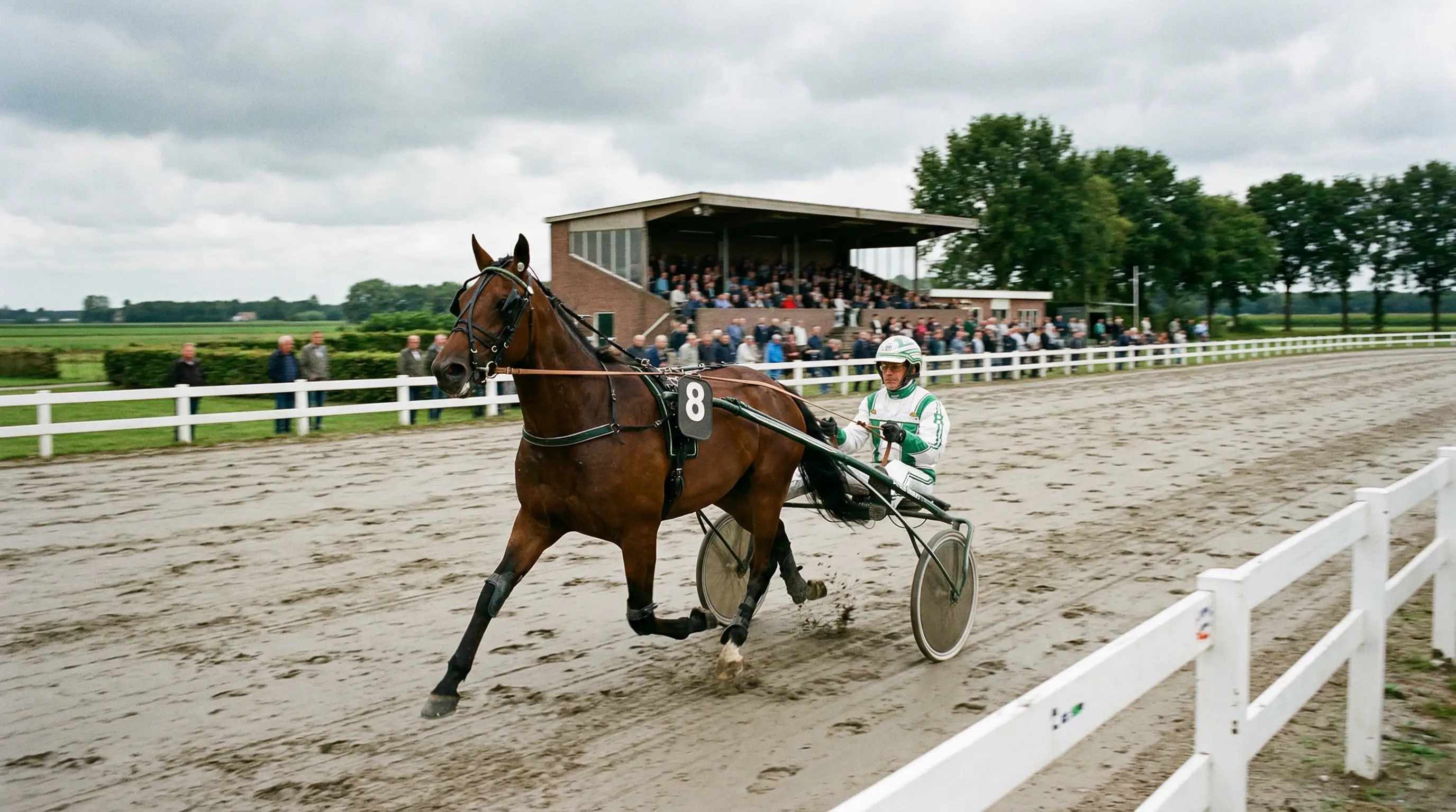 Draverij op een Nederlandse drafbaan met sulky en pikeur tijdens een koersdag