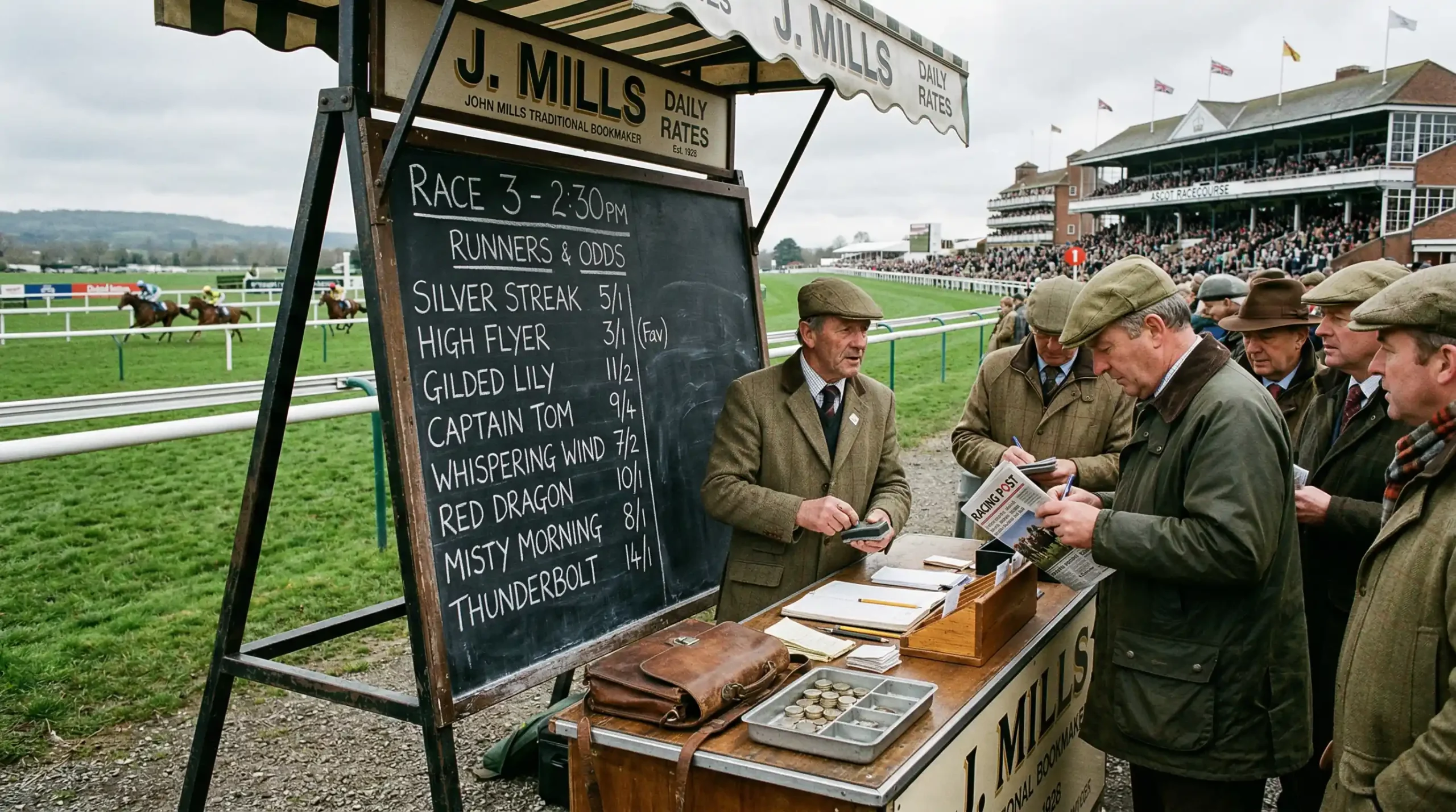 Starting Price bij paardenrennen — bookmaker bord met quoteringen naast de renbaan
