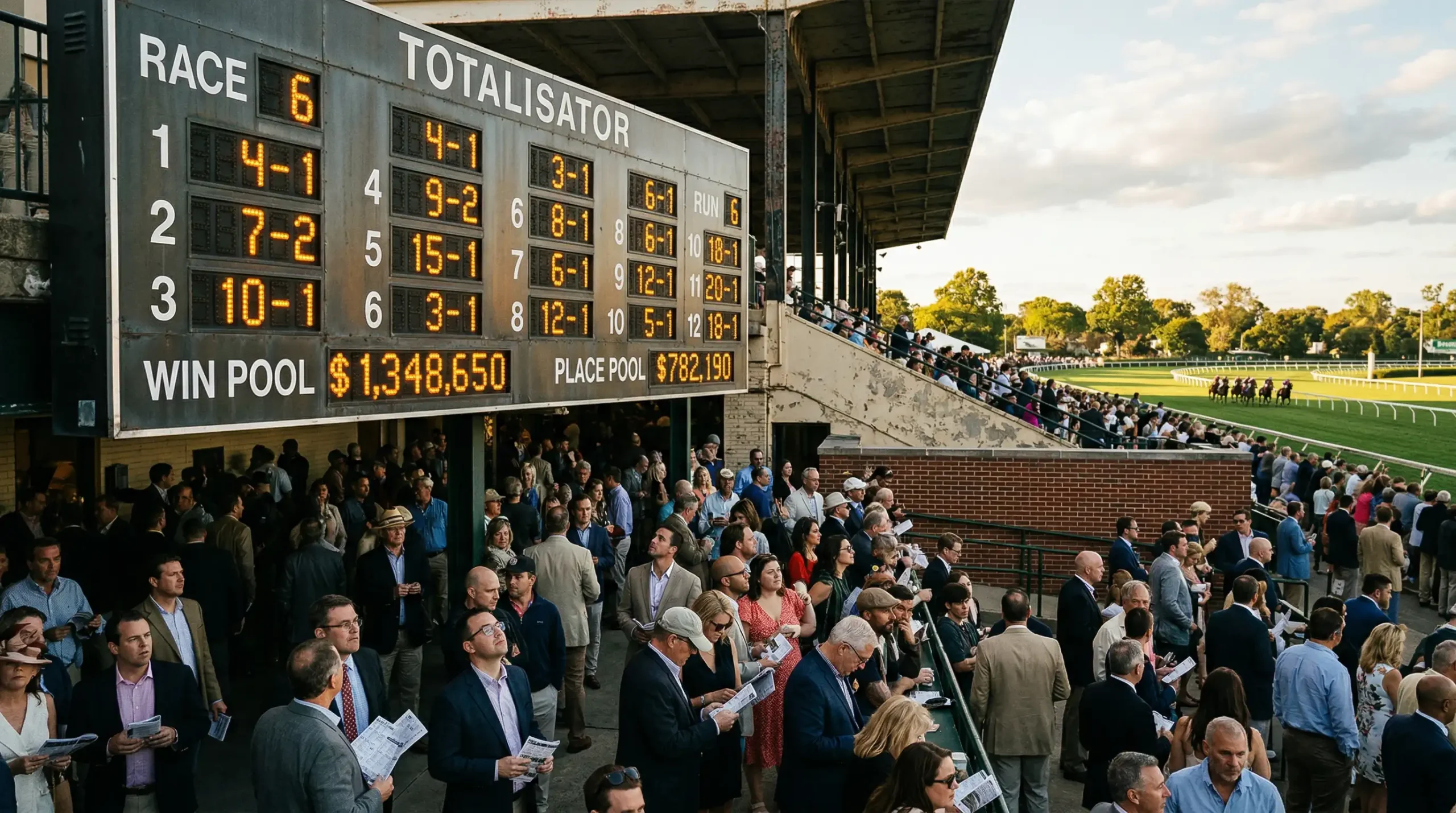 Totalisatorbord met odds op de renbaan bij paardenraces