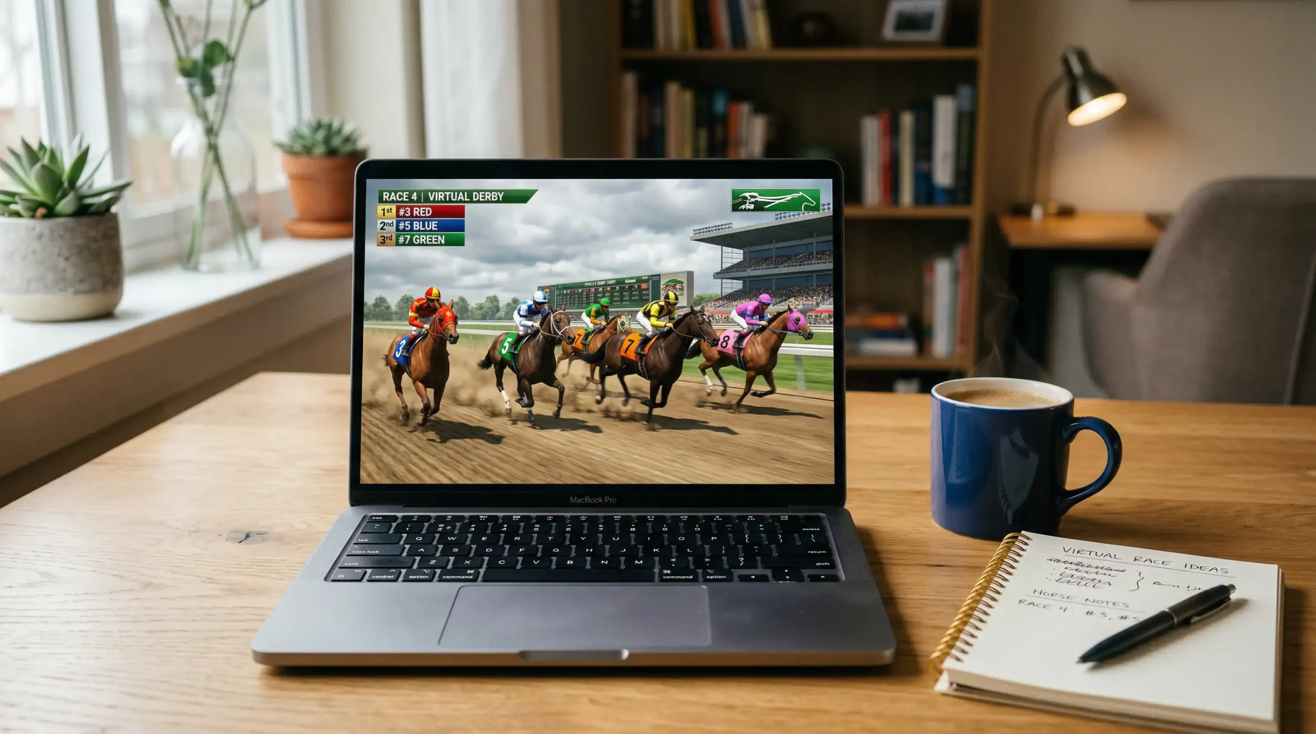 Scherm met virtuele paardenrace op een laptop