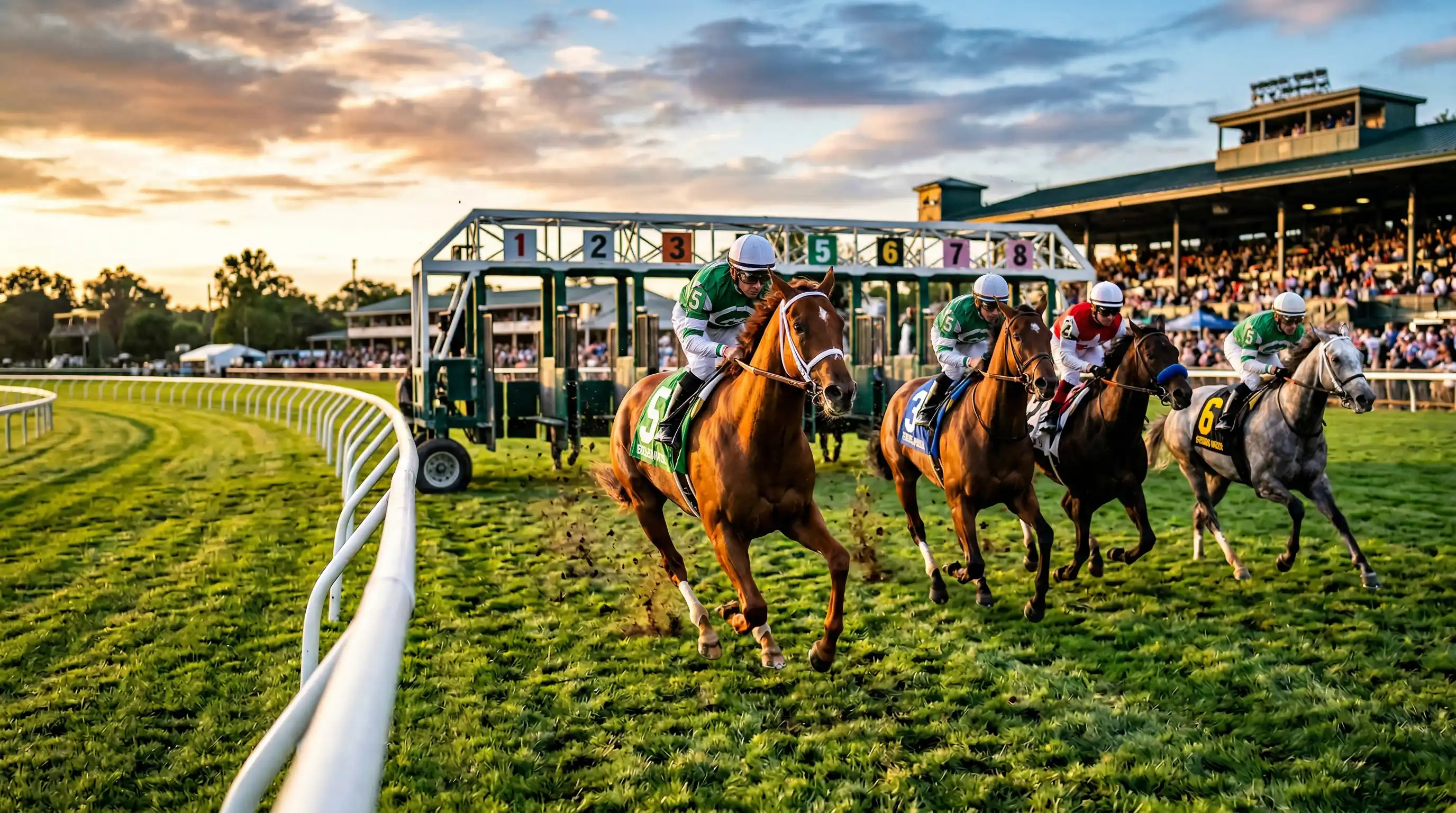 Paarden aan de start van een race op de renbaan met jockeys in kleurrijke kleding