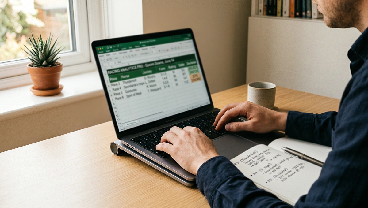 Wedder analyseert paardenrace-statistieken en quoteringen op een laptop met notitieblok