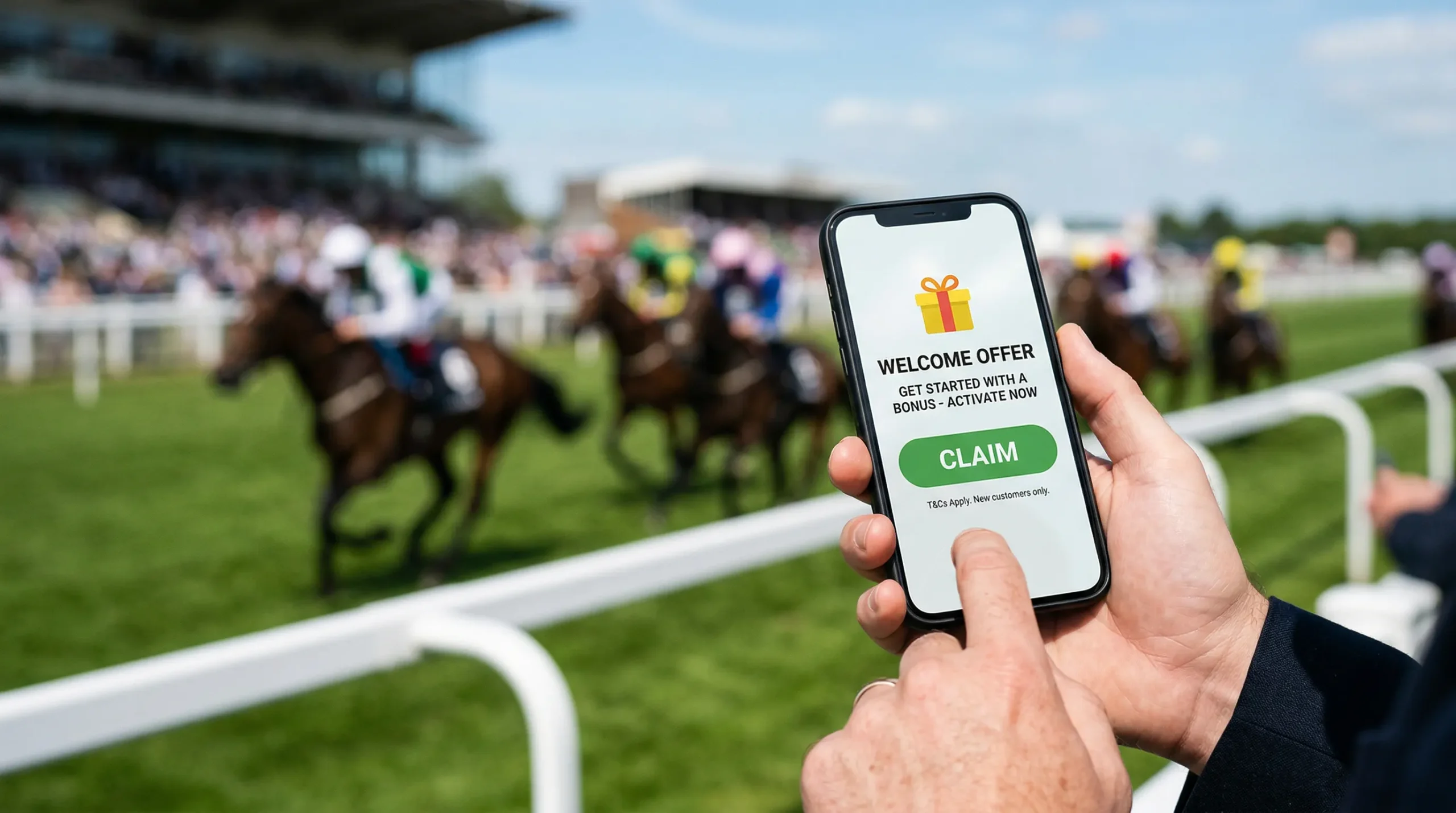 Welkomstbonus bij paardenwedden — hand opent bookmaker app op smartphone