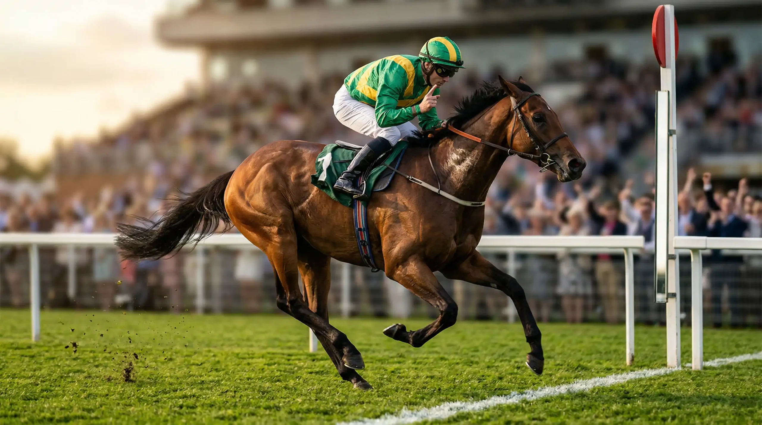 Winnend weddenschap bij paarden — paard passeert de finishlijn op galop renbaan